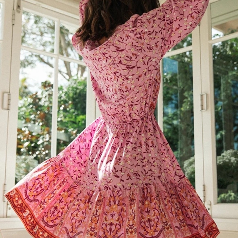 Boho Hippie Gypsy Floral print pink ruffle dress - Picture 8 of 16